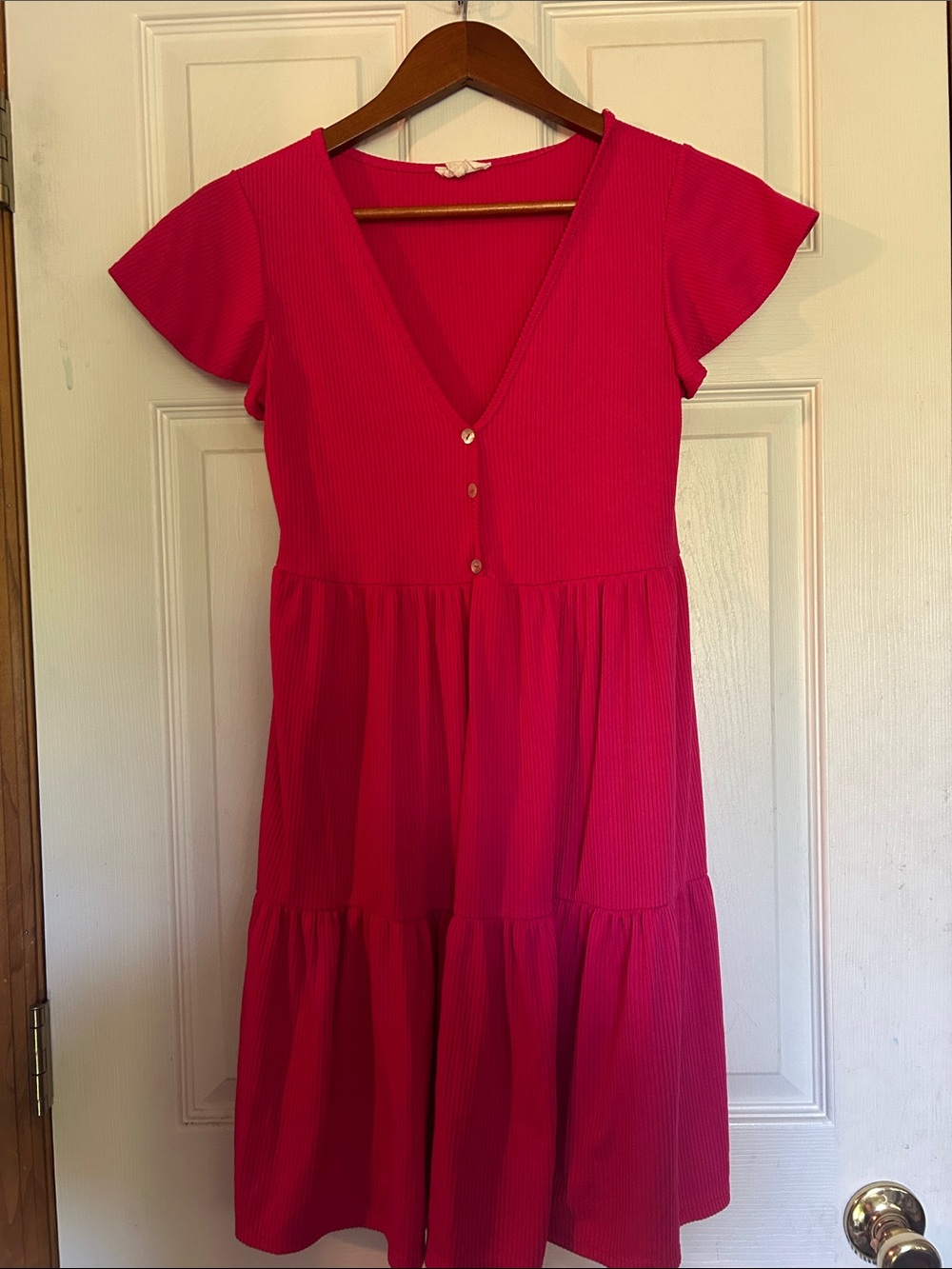 See You Monday Bright Pink V-Neck Tiered Mini Dress